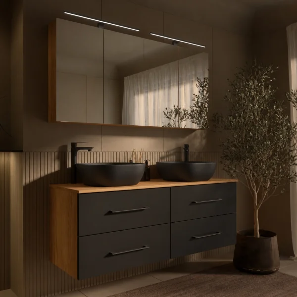 LUX Badmöbel Set 140 cm - mit 140 cmSpiegelschrank ARIA (2x 70 cm) in Gold Eiche und Aufsatzwaschbecken 42 cm Schwarz