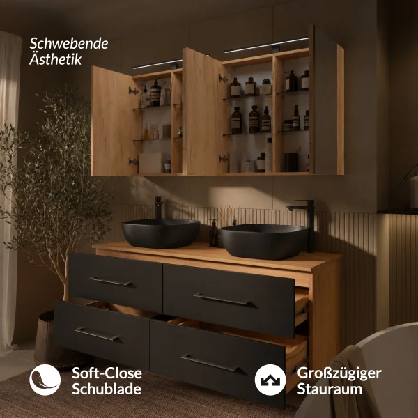 LUX Badmöbel Set 140 cm - mit 140 cmSpiegelschrank ARIA (2x 70 cm) in Gold Eiche und Aufsatzwaschbecken 42 cm Schwarz