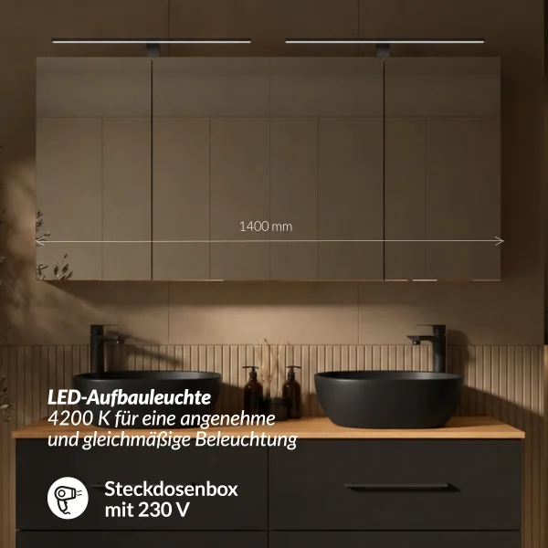 LUX Badmöbel Set 140 cm - mit 140 cmSpiegelschrank ARIA (2x 70 cm) in Gold Eiche und Aufsatzwaschbecken 42 cm Schwarz