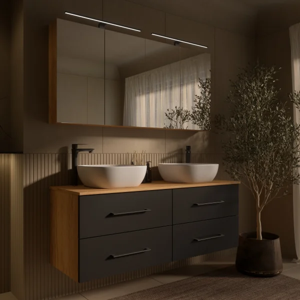 LUX Badmöbel Set 140 cm - mit 140 cm Spiegelschrank ARIA (2x 70 cm) in Gold Eiche und Aufsatzwaschbecken 42 cm Weiß