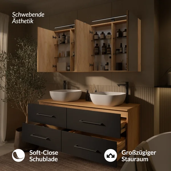 LUX Badmöbel Set 140 cm - mit 140 cm Spiegelschrank ARIA (2x 70 cm) in Gold Eiche und Aufsatzwaschbecken 42 cm Weiß