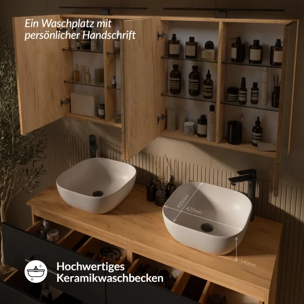 LUX Badmöbel Set 140 cm - mit 140 cm Spiegelschrank ARIA (2x 70 cm) in Gold Eiche und Aufsatzwaschbecken 42 cm Weiß