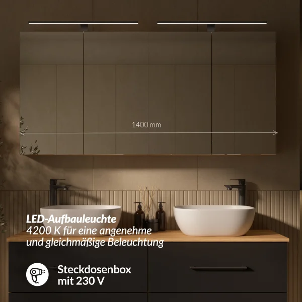 LUX Badmöbel Set 140 cm - mit 140 cm Spiegelschrank ARIA (2x 70 cm) in Gold Eiche und Aufsatzwaschbecken 42 cm Weiß