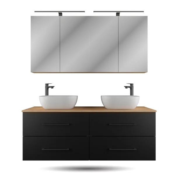 LUX Badmöbel Set 140 cm - mit 140 cm Spiegelschrank ARIA (2x 70 cm) in Gold Eiche und Aufsatzwaschbecken 42 cm Weiß