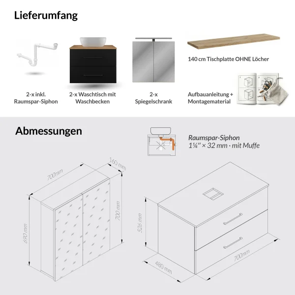 LUX Badmöbel Set 140 cm - mit 140 cm Spiegelschrank ARIA (2x 70 cm) in Gold Eiche und Aufsatzwaschbecken 42 cm Weiß