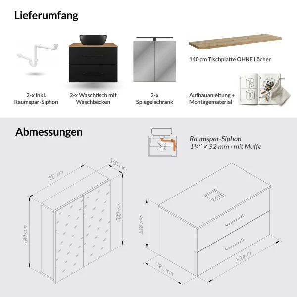 LUX Badmöbel Set 140 cm - mit 140 cm Spiegelschrank ARIA (2x 70 cm) in Anthrazit und Aufsatzwaschbecken 42 cm Schwarz