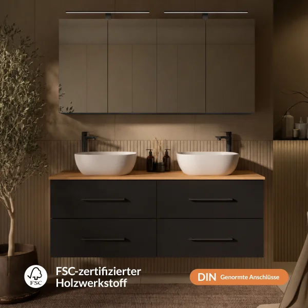 LUX Badmöbel Set 140 cm - mit 140 cm Spiegelschranken ARIA (2x 70 cm) in Anthrazit und Aufsatzwaschbecken 42 cm Weiß