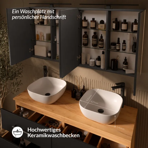 LUX Badmöbel Set 140 cm - mit 140 cm Spiegelschranken ARIA (2x 70 cm) in Anthrazit und Aufsatzwaschbecken 42 cm Weiß