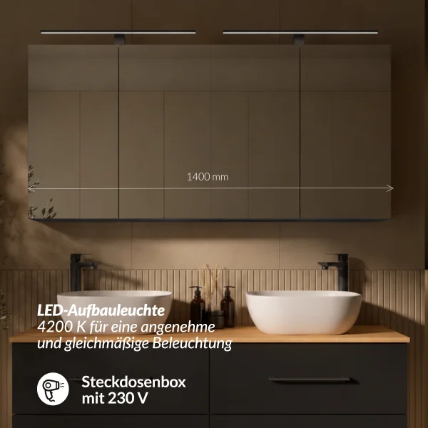 LUX Badmöbel Set 140 cm - mit 140 cm Spiegelschranken ARIA (2x 70 cm) in Anthrazit und Aufsatzwaschbecken 42 cm Weiß