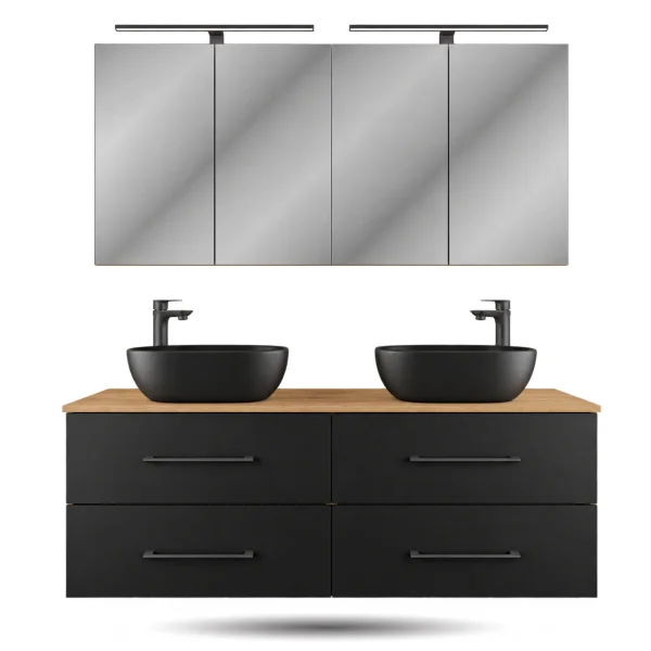 LUX Badmöbel Set 140 cm - mit 140 cm Spiegelschranken ARIA (2x 70 cm) in Anthrazit und Aufsatzwaschbecken 42 cm Weiß