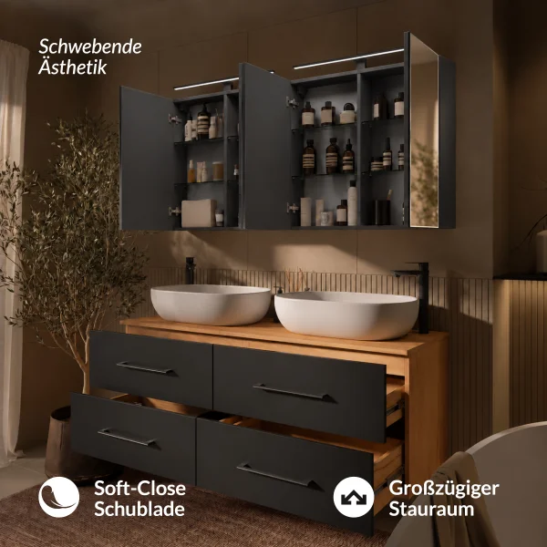 LUX Badmöbel Set 140 cm - mit 140 cm Spiegelschrank ARIA (2x 70 cm) in Anthrazit und Aufsatzwaschbecken 60 cm Weiß