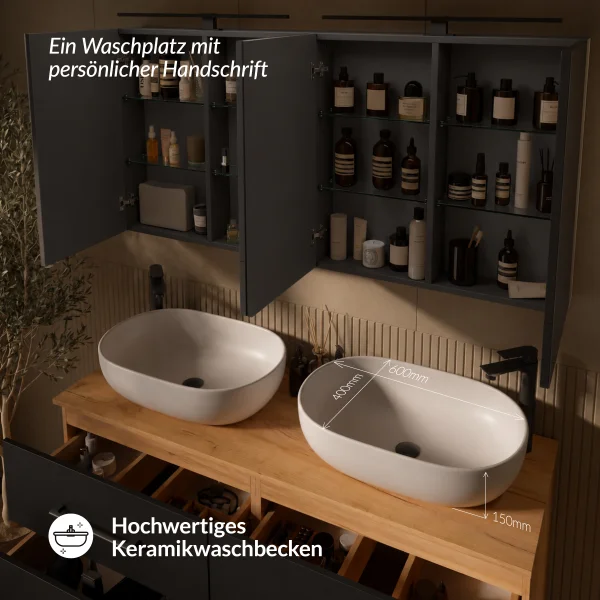LUX Badmöbel Set 140 cm - mit 140 cm Spiegelschrank ARIA (2x 70 cm) in Anthrazit und Aufsatzwaschbecken 60 cm Weiß