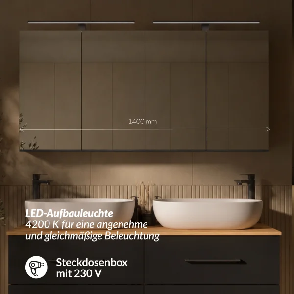 LUX Badmöbel Set 140 cm - mit 140 cm Spiegelschrank ARIA (2x 70 cm) in Anthrazit und Aufsatzwaschbecken 60 cm Weiß