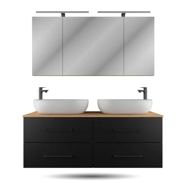 LUX Badmöbel Set 140 cm - mit 140 cm Spiegelschrank ARIA (2x 70 cm) in Anthrazit und Aufsatzwaschbecken 60 cm Weiß