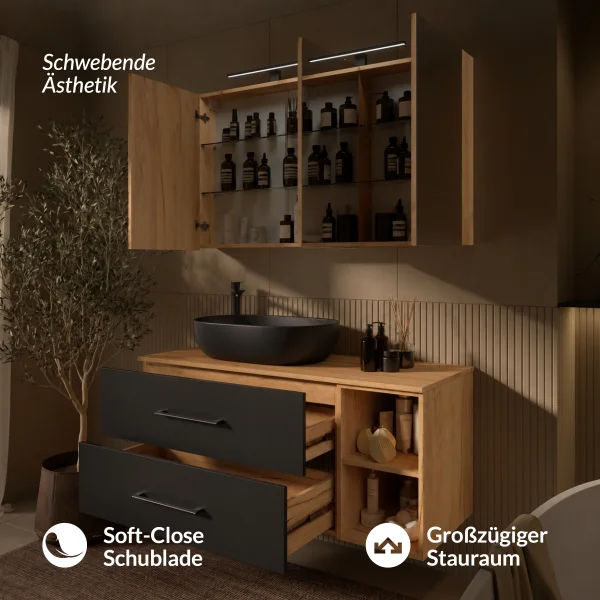 LUX Badmöbel Set 120 cm - Mit Spiegelschrank ARIA 120 cm in Gold Eiche und Aufsatzwaschbecken 60 cm Schwarz