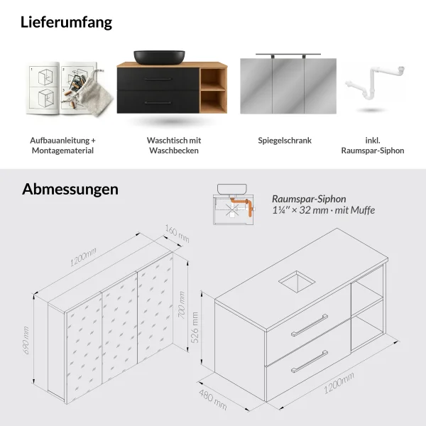LUX Badmöbel Set 120 cm - Mit Spiegelschrank ARIA 120 cm in Gold Eiche und Aufsatzwaschbecken 60 cm Schwarz