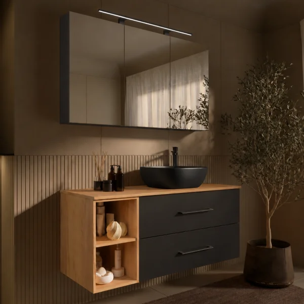 LUX Badmöbel Set 120 cm - Mit Spiegelschrank ARIA 120 cm in Anthrazit und Aufsatzwaschbecken 42 cm Schwarz