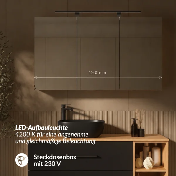 LUX Badmöbel Set 120 cm - Mit Spiegelschrank ARIA 120 cm in Anthrazit und Aufsatzwaschbecken 42 cm Schwarz