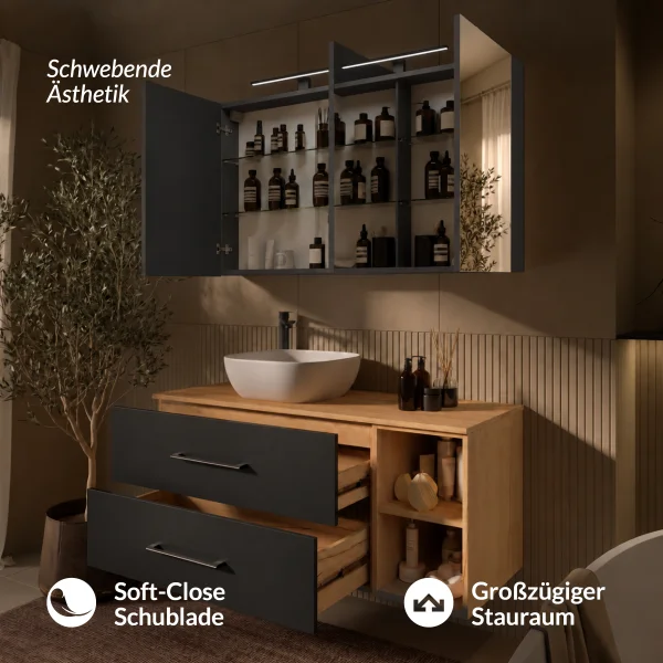LUX Badmöbel Set 120 cm - Mit Spiegelschrank ARIA 120 cm in Anthrazit und Aufsatzwaschbecken 42 cm Weiß