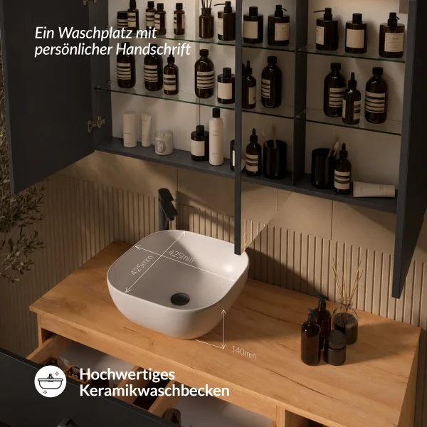 LUX Badmöbel Set 120 cm - Mit Spiegelschrank ARIA 120 cm in Anthrazit und Aufsatzwaschbecken 42 cm Weiß