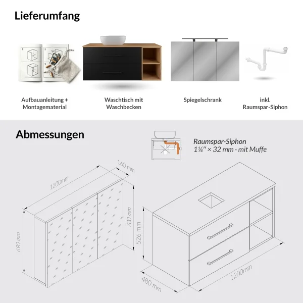 LUX Badmöbel Set 120 cm - Mit Spiegelschrank ARIA 120 cm in Anthrazit und Aufsatzwaschbecken 42 cm Weiß