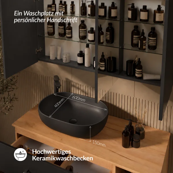 LUX Badmöbel Set 120 cm - Mit Spiegelschrank ARIA 120 cm in Anthrazit und Aufsatzwaschbecken 60 cm Schwarz