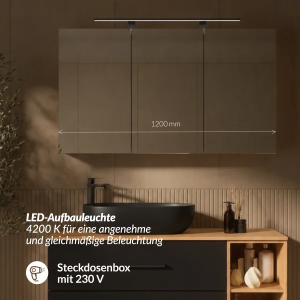 LUX Badmöbel Set 120 cm - Mit Spiegelschrank ARIA 120 cm in Anthrazit und Aufsatzwaschbecken 60 cm Schwarz