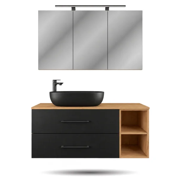 LUX Badmöbel Set 120 cm - Mit Spiegelschrank ARIA 120 cm in Anthrazit und Aufsatzwaschbecken 60 cm Schwarz