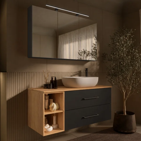 LUX Badmöbel Set 120 cm - Mit Spiegelschrank ARIA 120 cm in Anthrazit und Aufsatzwaschbecken 60 cm Weiß