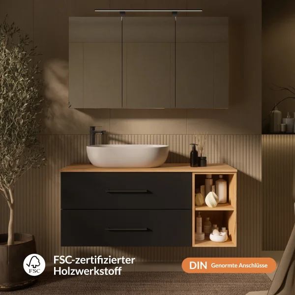 LUX Badmöbel Set 120 cm - Mit Spiegelschrank ARIA 120 cm in Anthrazit und Aufsatzwaschbecken 60 cm Weiß