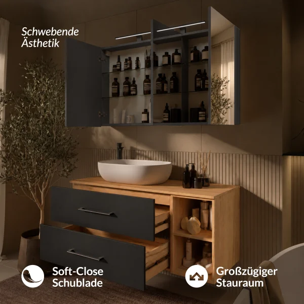 LUX Badmöbel Set 120 cm - Mit Spiegelschrank ARIA 120 cm in Anthrazit und Aufsatzwaschbecken 60 cm Weiß