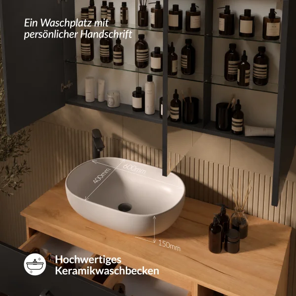 LUX Badmöbel Set 120 cm - Mit Spiegelschrank ARIA 120 cm in Anthrazit und Aufsatzwaschbecken 60 cm Weiß