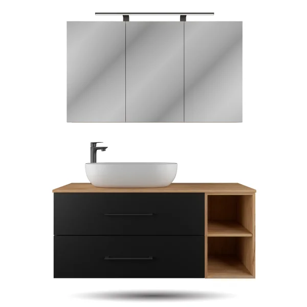 LUX Badmöbel Set 120 cm - Mit Spiegelschrank ARIA 120 cm in Anthrazit und Aufsatzwaschbecken 60 cm Weiß