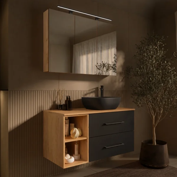 LUX Badmöbel Set 100 cm - Mit Spiegelschrank ARIA 100 cm in Gold Eiche und Aufsatzwaschbecken 42 cm Schwarz