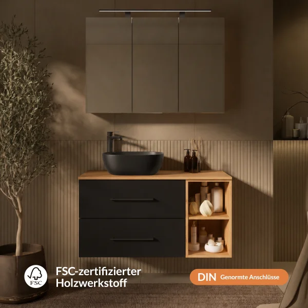LUX Badmöbel Set 100 cm - Mit Spiegelschrank ARIA 100 cm in Gold Eiche und Aufsatzwaschbecken 42 cm Schwarz