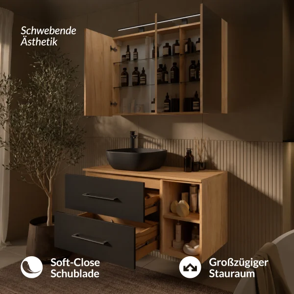 LUX Badmöbel Set 100 cm - Mit Spiegelschrank ARIA 100 cm in Gold Eiche und Aufsatzwaschbecken 42 cm Schwarz