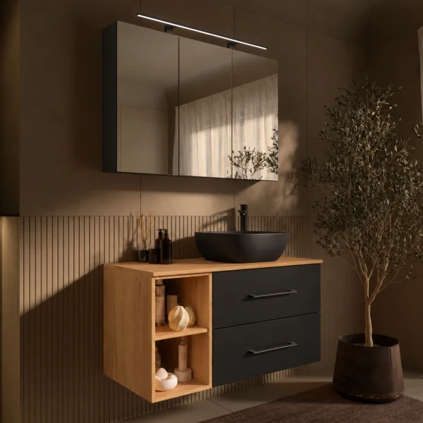 LUX Badmöbel Set 100 cm - Mit Spiegelschrank ARIA 100 cm in Anthrazit und Aufsatzwaschbecken 42 cm Schwarz