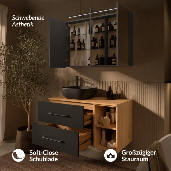 LUX Badmöbel Set 100 cm - Mit Spiegelschrank ARIA 100 cm in Anthrazit und Aufsatzwaschbecken 42 cm Schwarz