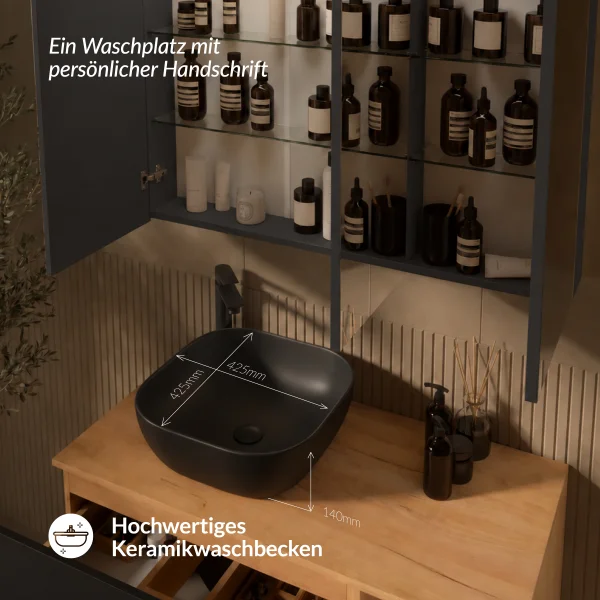 LUX Badmöbel Set 100 cm - Mit Spiegelschrank ARIA 100 cm in Anthrazit und Aufsatzwaschbecken 42 cm Schwarz