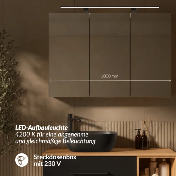 LUX Badmöbel Set 100 cm - Mit Spiegelschrank ARIA 100 cm in Anthrazit und Aufsatzwaschbecken 42 cm Schwarz