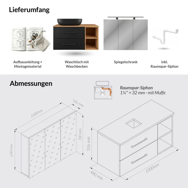 LUX Badmöbel Set 100 cm - Mit Spiegelschrank ARIA 100 cm in Anthrazit und Aufsatzwaschbecken 42 cm Schwarz
