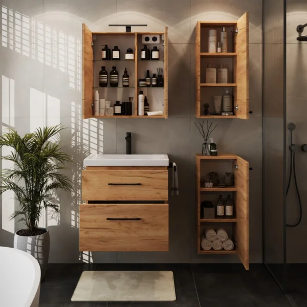 Badmöbel-Set mit Spiegelschrank 63cm und 2x Midischrank