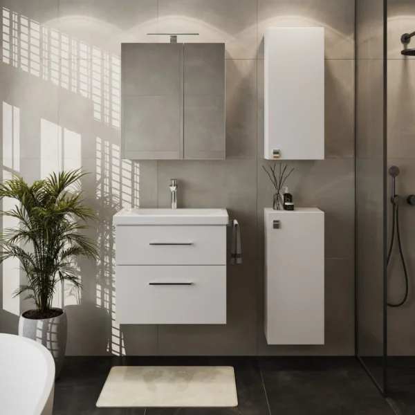 Badmöbel-Set mit Spiegelschrank 63cm und 2x Midischrank weiß