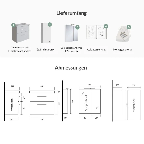 Badmöbel-Set mit Spiegelschrank 63cm und 2x Midischrank weiß