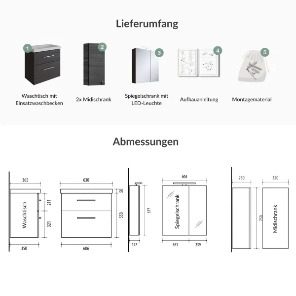 Badmöbel-Set mit Spiegelschrank 63cm und 2x Midischrank Anthrazit