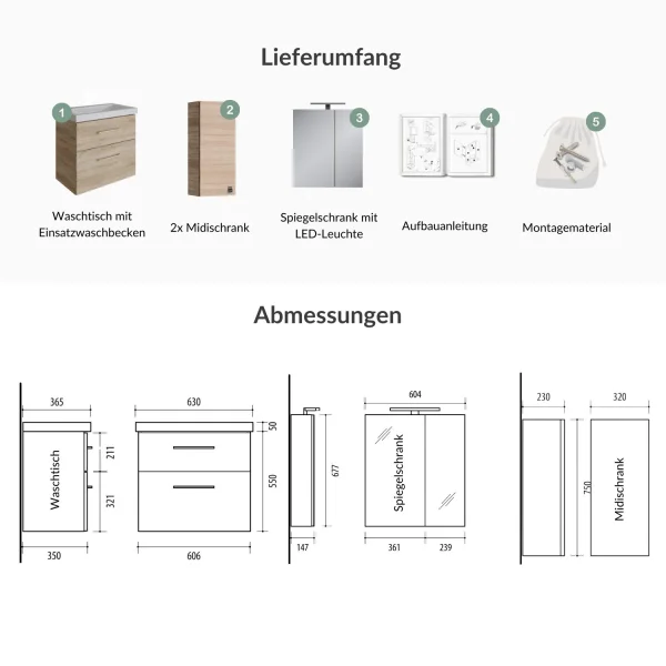 Set di mobili da bagno con armadio a specchio da 63 cm e 2 armadietti medi in rovere Sonoma
