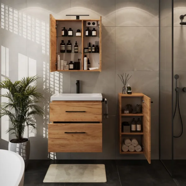 Badmöbel-Set mit Spiegelschrank 63cm und Midischrank