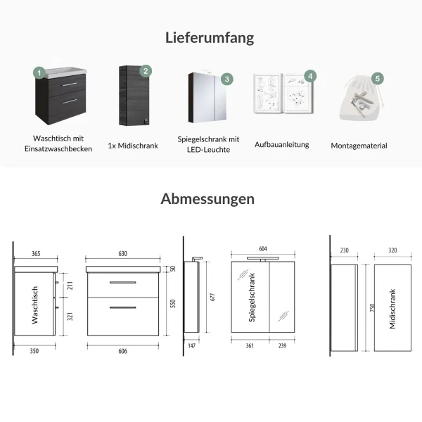 Badmöbel-Set mit Spiegelschrank 63cm und Midischrank Anthrazit