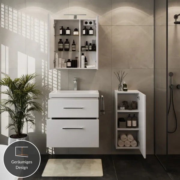 Badmöbel-Set mit Spiegelschrank 63cm und Midischrank weiß