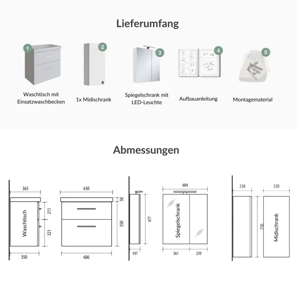 Badmöbel-Set mit Spiegelschrank 63cm und Midischrank weiß
